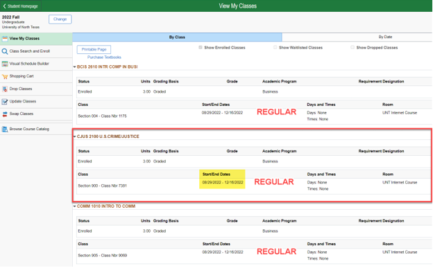Screenshot of a student dropping a class (CJUS 2100) on myUNT portal