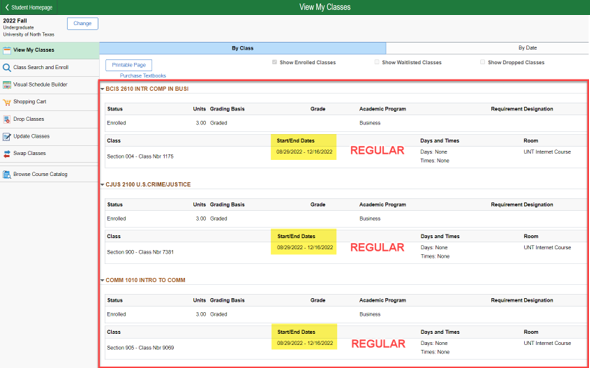 Screenshot example of a student withdrawing from all their classes