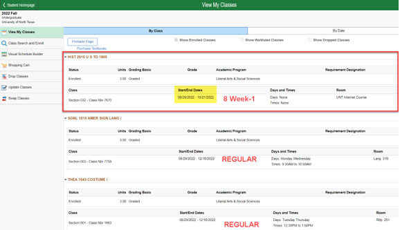Screenshot example of a student withdrawing from their one enrolled-class.