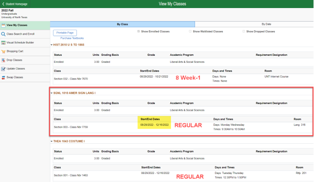 Screenshot of a student dropping a class (SGNL 1010) on myUNT portal