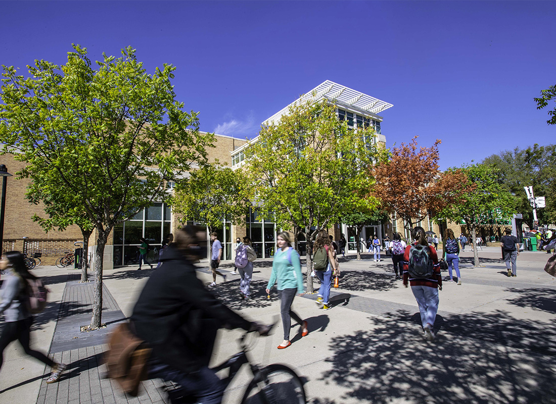 Students walking across UNT campus. 